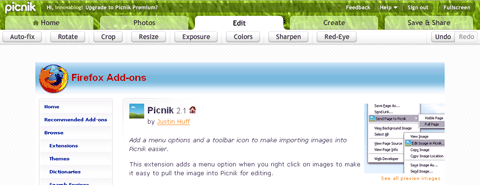 Capture d’écran (screenshot) de la page active transférée dans Picnik