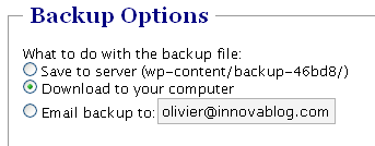 Plugin WordPress Backup Database : Options