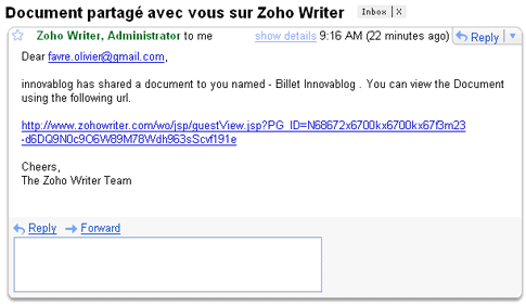 Zoho : Partage document email